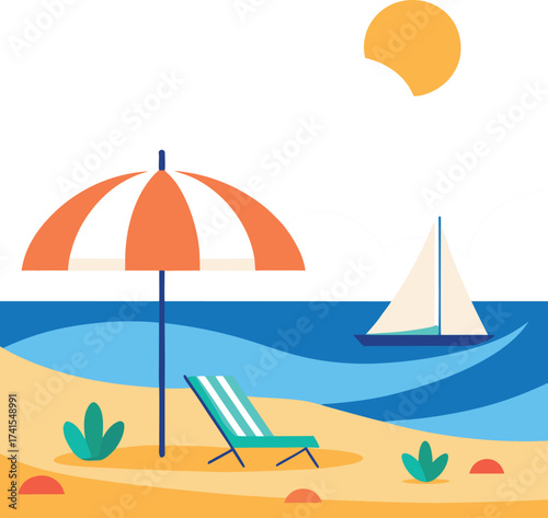 Vector art of a beach scene with an umbrella, lounge chair, and sailboat on a sunny day