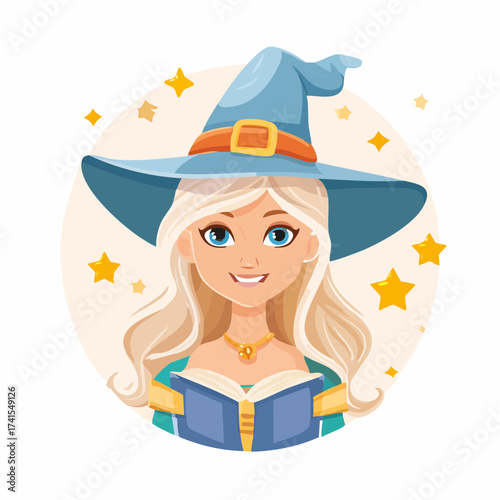 Young witch reading book with transparent background