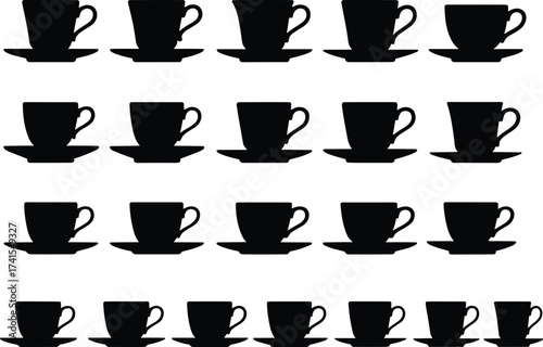Teacup silhouette pattern, black cup icons, seamless grid layout, minimalist kitchen decor, vintage tea theme, vector illustration for design and print