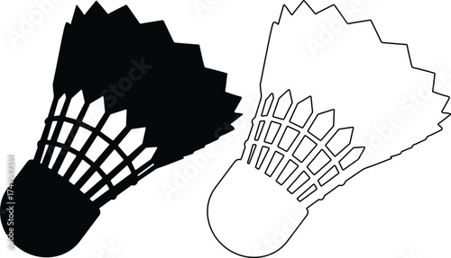 Two badminton shuttlecocks one black silhouette and one white outline isolated on white background