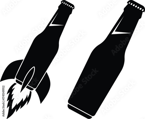 Creative silhouette of a rocket shaped beer bottle and a regular beer bottle isolated on white background
