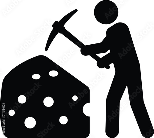 Silhouette of a person mining a large piece of cheese with a pickaxe isolated on white background
