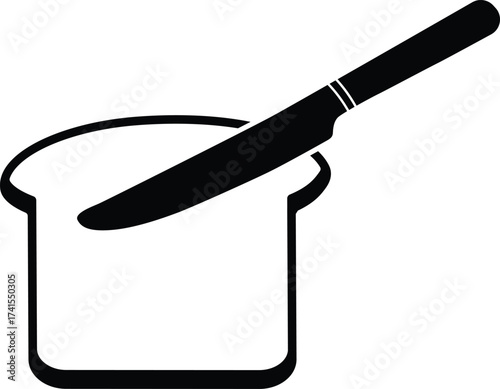 Black silhouette of a knife spreading butter on a slice of bread isolated on white background