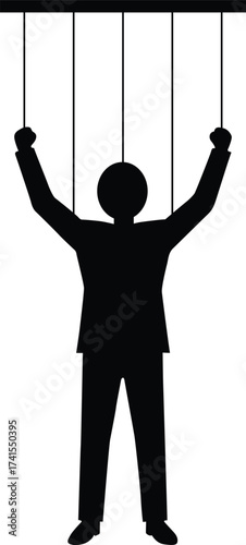 Silhouette of a puppet controlled by strings on a white background isolated on white background