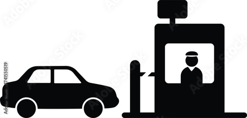 Silhouette of a car approaching a toll booth with an attendant inside isolated on white background