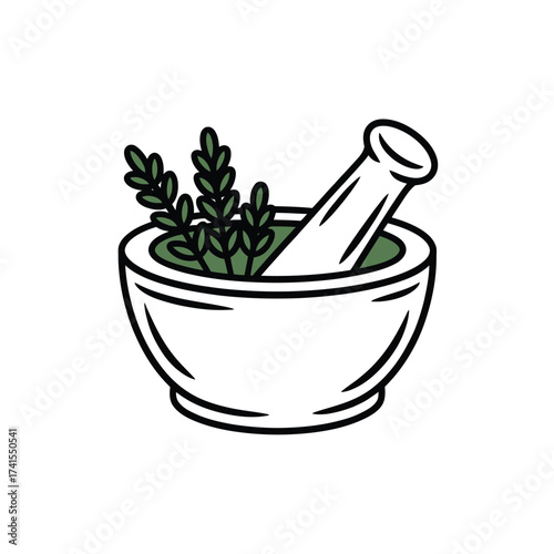 Herbal remedy preparation with mortar and pestle and lavender sprigs