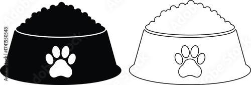 Two dog food bowls one black silhouette and one outline isolated on white background