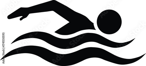 Black silhouette of a swimmer with wavy water lines isolated on white background