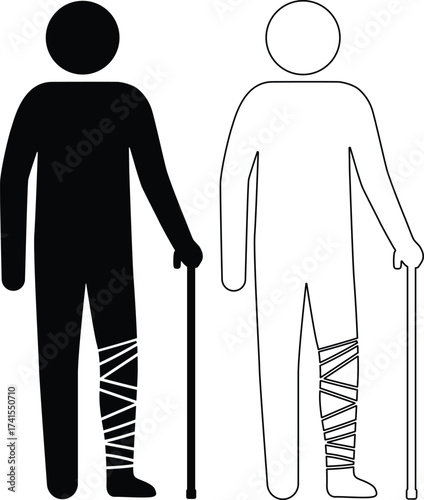 Two human figures one black silhouette and one outline with cane and bandaged leg isolated on white background