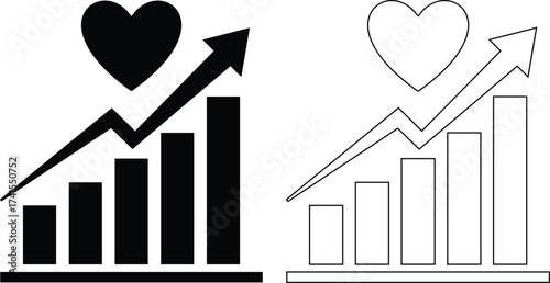 Two heart shaped graph silhouettes with upward trending arrow isolated on white background