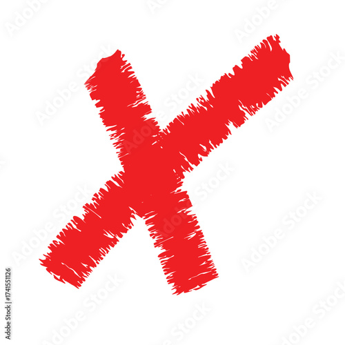 A red cross x mark with rough edges on a white background indicating rejection or error in a simple design