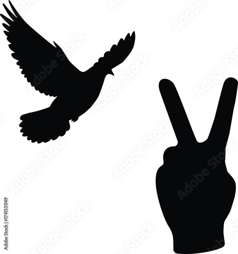 Silhouette of a flying dove and a peace sign hand gesture isolated on white background