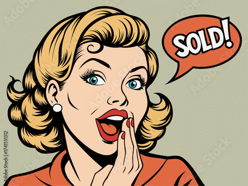 woman talking lettering Sold whispering gossip secret retro pop art comic cartoon vintage