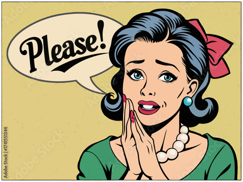 woman talking lettering Please whispering gossip secret retro pop art comic cartoon vintage