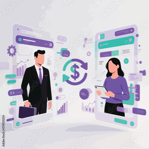 Business people exchanging money through online platform isolated on white background