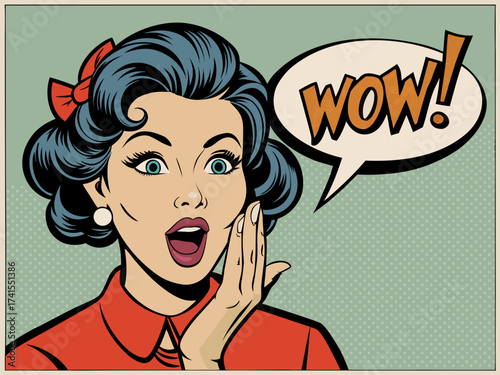 woman talking lettering Wow whispering gossip secret retro pop art comic cartoon vintage