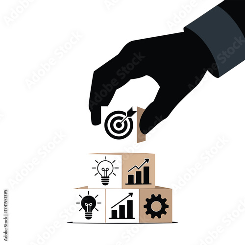 Hand placing target block on stacked business strategy blocks