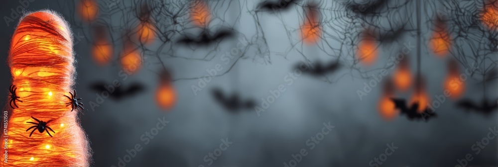 Fototapeta premium A spooky Halloween bowling scene with orange lights, spider webs, and bats in the background. The atmosphere is eerie and festive, perfect for Halloween celebrations.