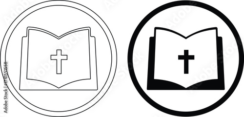 Two oval religious symbols showing an open book with a cross inside silhouette isolated on white background