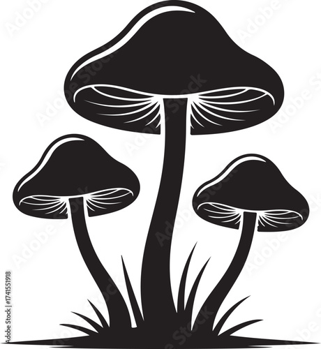 Three black silhouette mushrooms growing in a grassy field