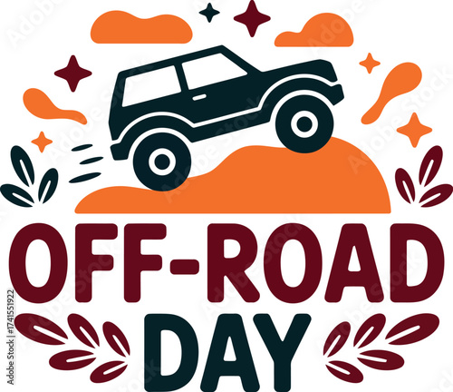 Vector art of celebrate offroad day with a 4x4 vehicle conquering a hill, surrounded by nature elements