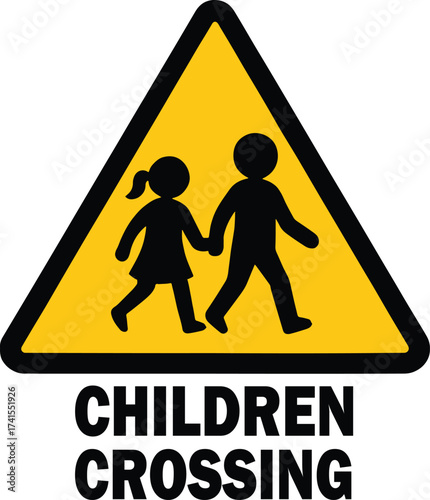 Yellow triangular warning sign alerting drivers to children crossing road ahead safely vector