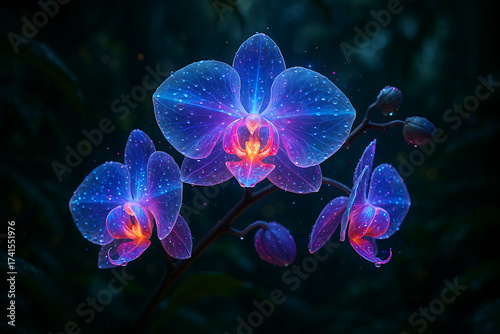 Glowing orchids with water droplets in a dark mystical forest