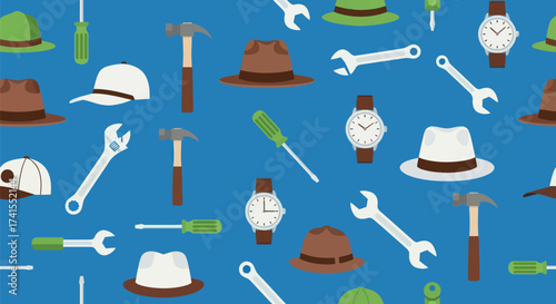 Tools and hats pattern on blue