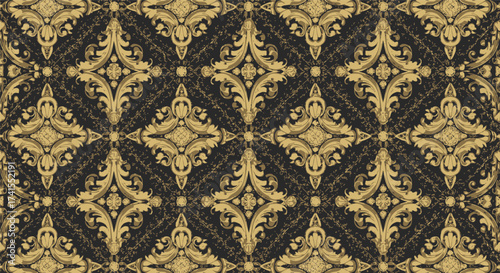 Ornate golden flourishes repeat against a textured black background