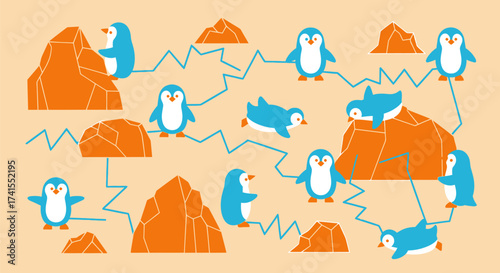 Playful stylized penguins & rock formations interconnected