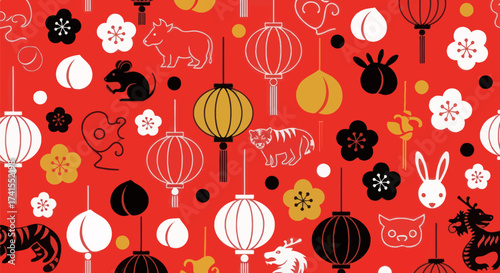 Red background featuring year of the zodiac animals, lanterns, and plum blossoms in white, black, gold