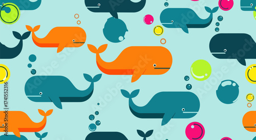 Cartoon whales orange, blue, and black, with bubbles on light blue