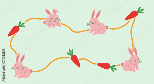 Pink rabbits and carrots connected by an orange line on light green