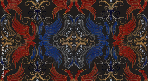 Ornately patterned wallpaper featuring stylized birds, flourishes, and gem-like accents on a dark background