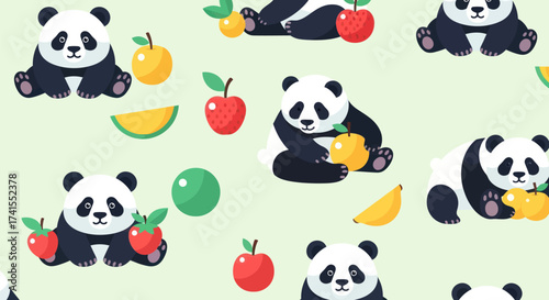 Cartoon pandas and colorful fruits on a light green background