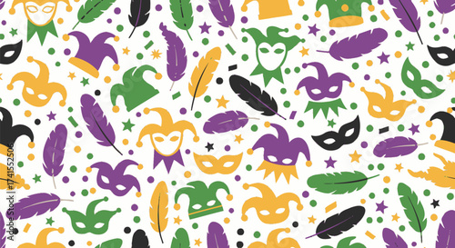 Motley pattern of masks, feathers, stars, confetti on white