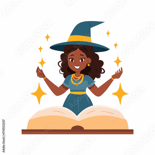 Smiling witch reading spellbook with transparent background