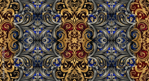 Ornate pattern of gold, silver, & red scrolls on a black background