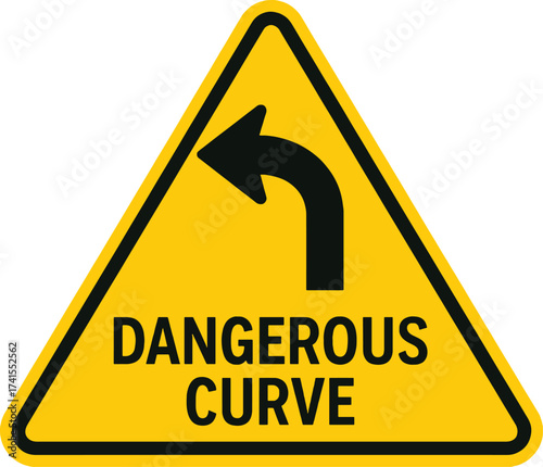 Yellow triangular road sign warning of a sharp left curve ahead for driver safety vector
