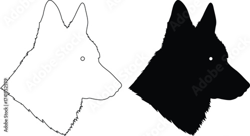 Two contrasting dog head profiles one outline and one black silhouette isolated on white background