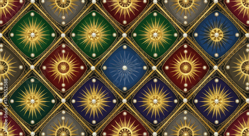 Colorful diamond pattern with golden sunbursts and pearls forming a sophisticated, ornate design