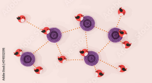 Red birds connect with dotted lines between violet nests on pink backdrop