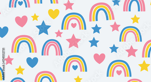 Pattern of rainbows, stars, and hearts on a white backdrop