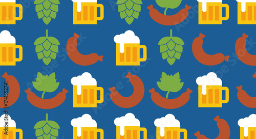 Oktoberfest pattern beer, sausage, hops on blue