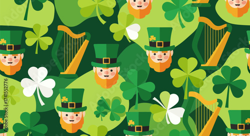 Seamless pattern leprechauns, harps, and shamrocks on varied greens