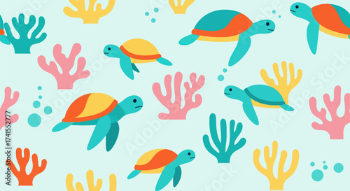 Sea turtles and coral in flat design on light blue background