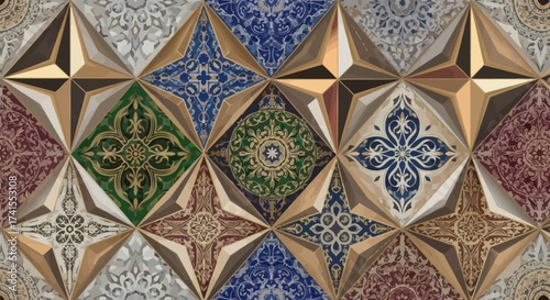 Ornate diamond tiles with floral patterns in blue, green, and brown with faceted gold accents