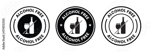 Alcohol free icon set. No alcohol logo. Zero percent alcohol symbol. Alcohol free label product packaging design. Vector illustration.