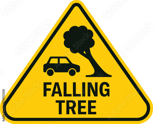 Yellow triangular warning sign alerting drivers to falling tree danger near road vector