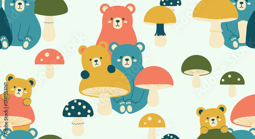Playful pattern of bears and mushrooms in muted retro color palette